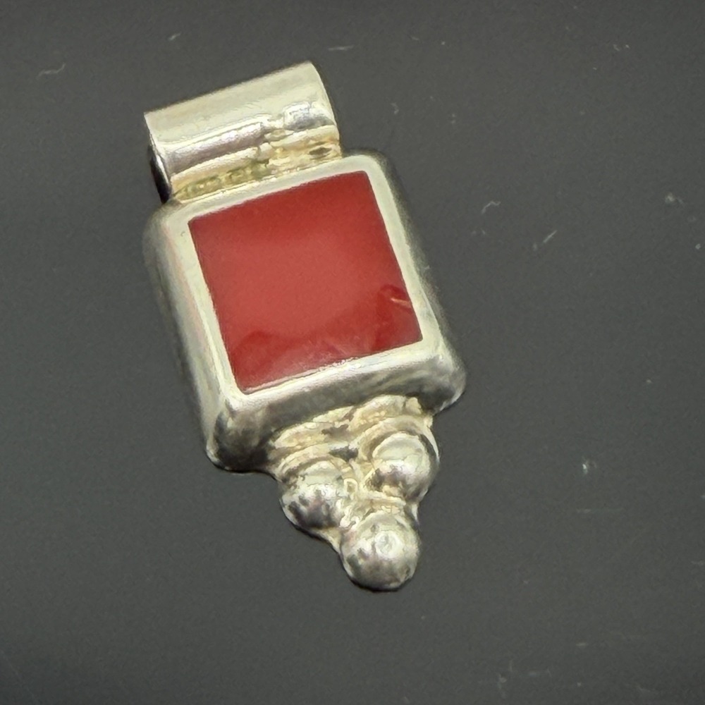 Vintage Mexico Sterling Inlaid Bright Red Coral Square Slider Pendant Silver 925